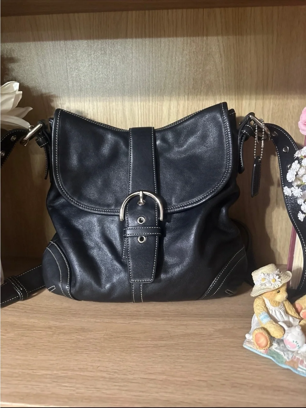Black Leather Buckle-Front Shoulder Bag